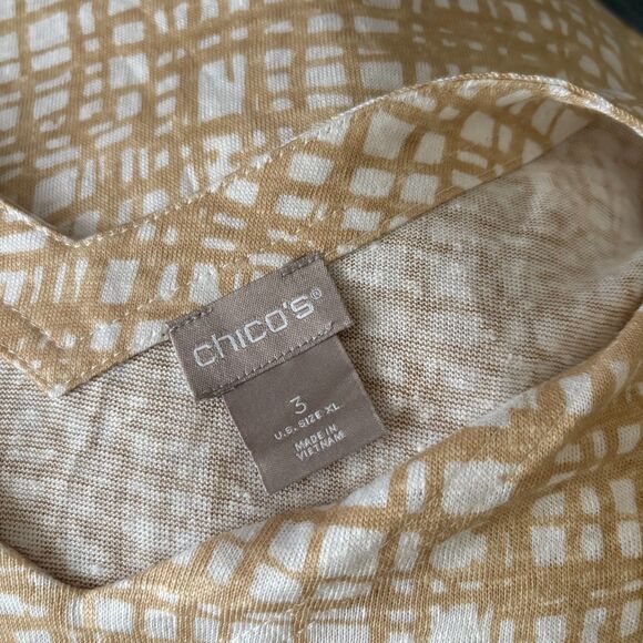 Chico's Abstract Print Linen‎ V-Neck Tee Short Sleeve Tan Lagenlook Size XL 3 - Picture 3 of 3